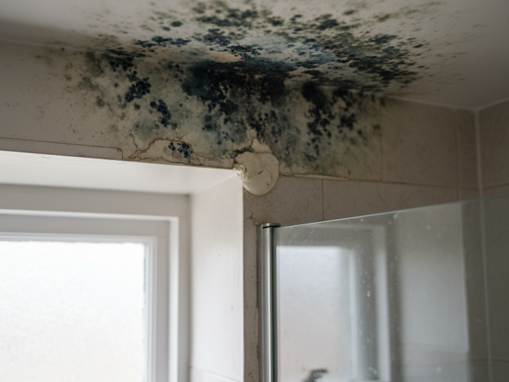 Before — Bathroom ceiling & sealant — black mould treated, new sealant fitted