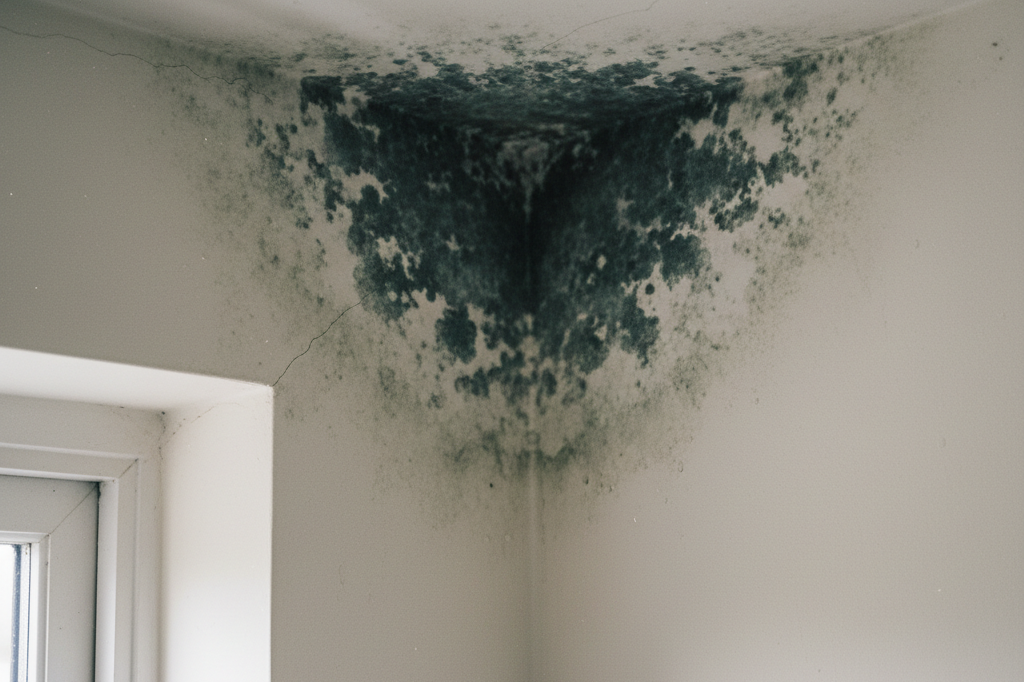 Black mould spreading in the corner of a bedroom wall