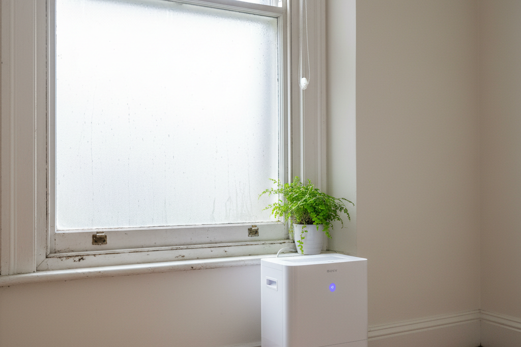 Condensation beading on a period sash window