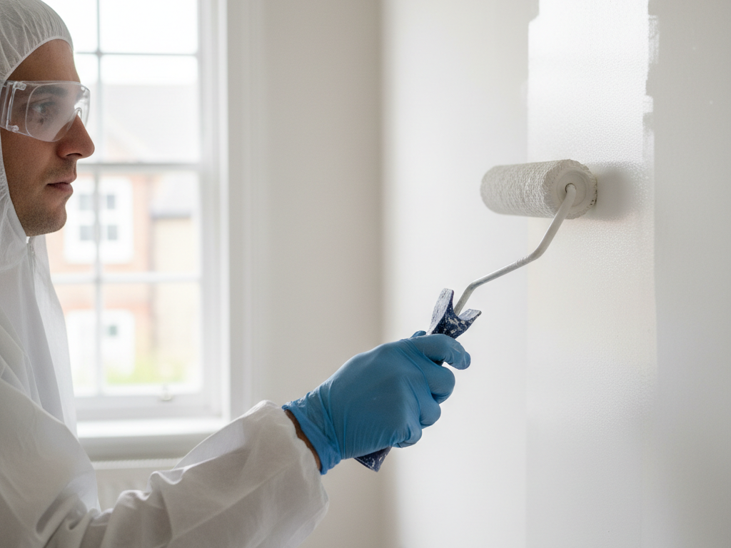 Rolling anti-mould paint onto a cleaned, restored wall
